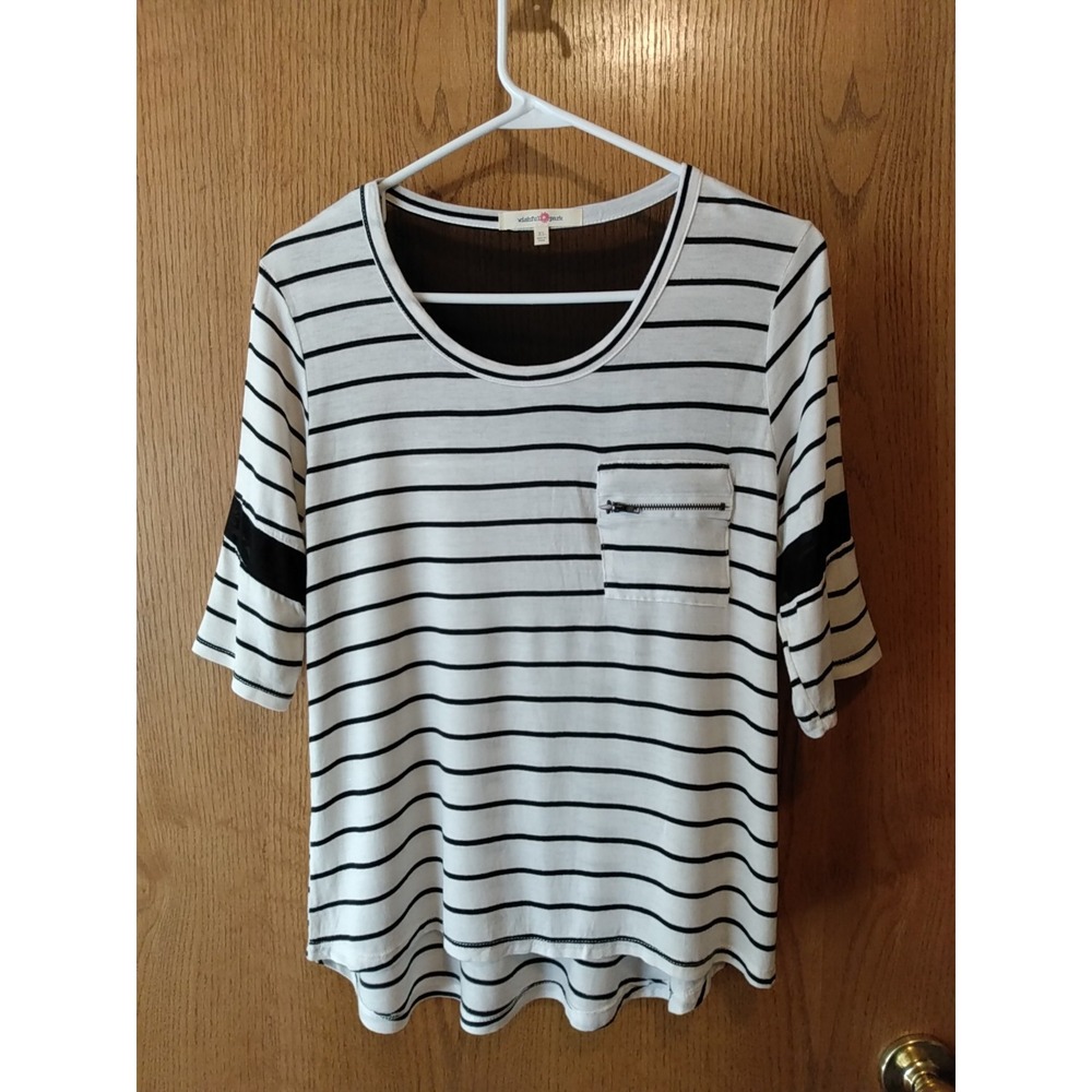 Wishful Park Women's Blouse Sz XL B&W Striped 3/4 Sleeve Top Sheer Inlays NICE!